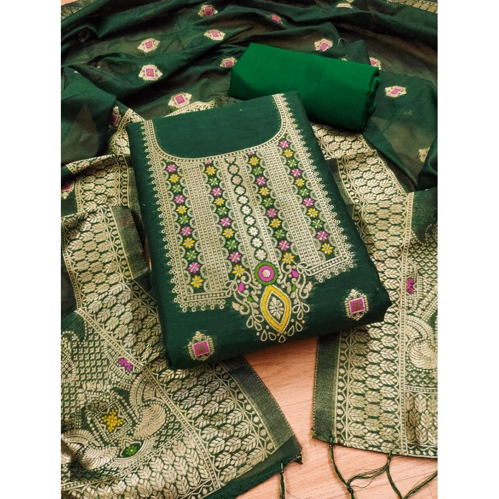 HD Women's Banarasi Silk Printed Unstitched Salwar Suit Material With Dupatta (Bottle Green, 3Mtrs)