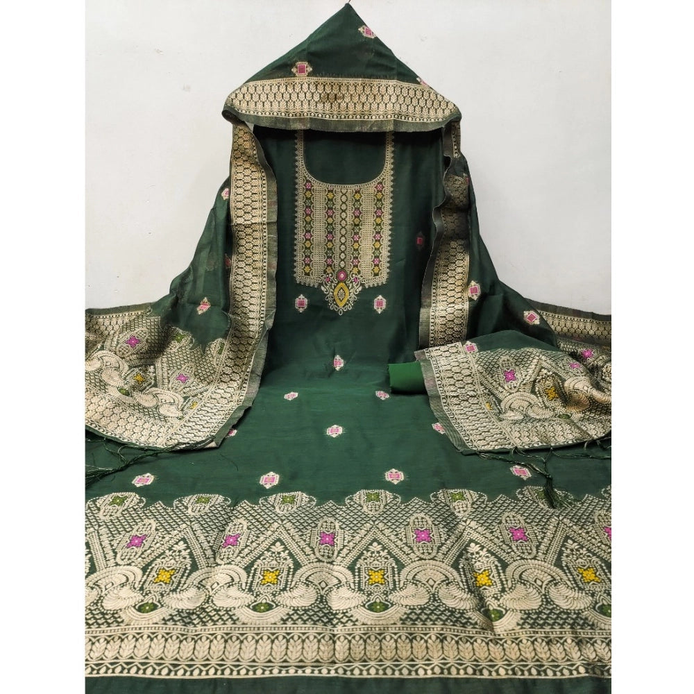 HD Women's Banarasi Silk Printed Unstitched Salwar Suit Material With Dupatta (Bottle Green, 3Mtrs)