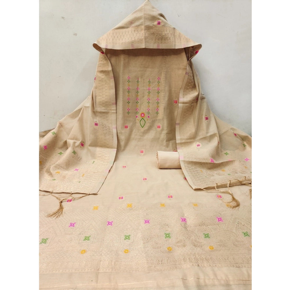 HD Women's Banarasi Silk Printed Unstitched Salwar Suit Material With Dupatta (Cream, 3Mtrs)