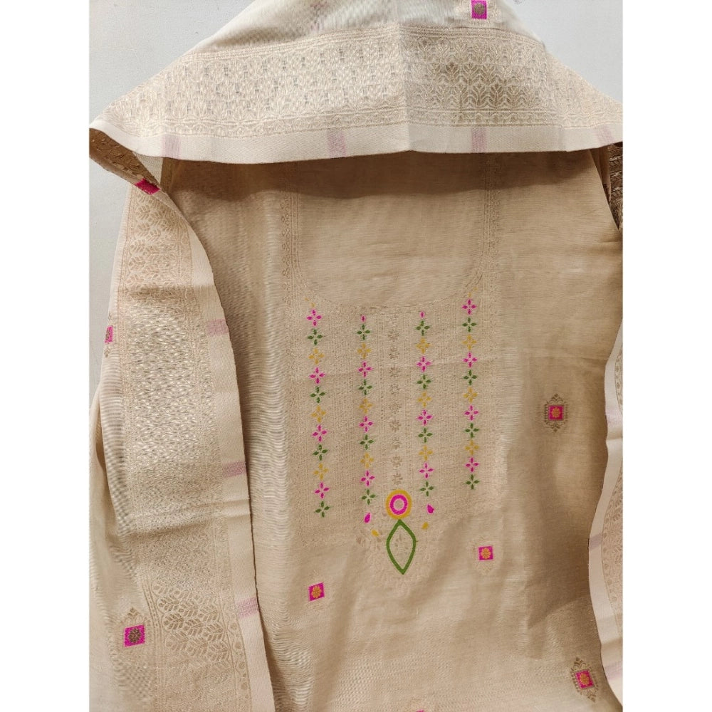 HD Women's Banarasi Silk Printed Unstitched Salwar Suit Material With Dupatta (Cream, 3Mtrs)