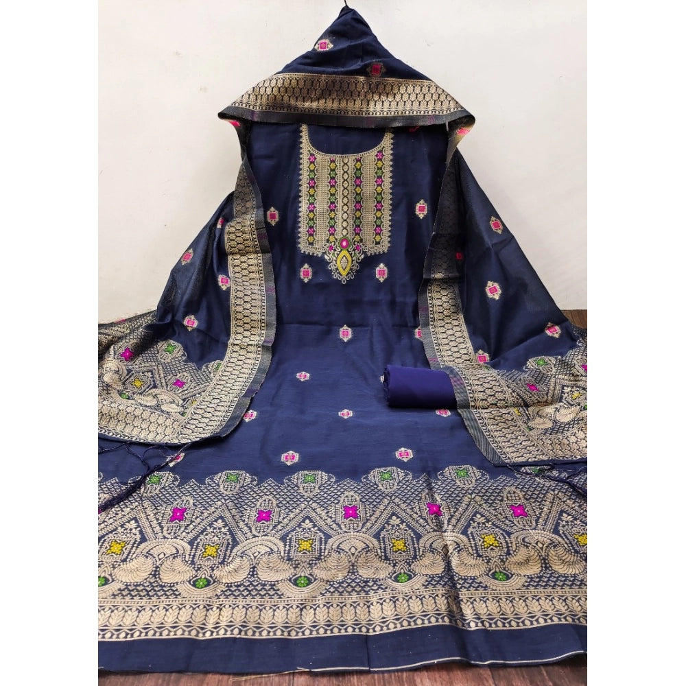 HD Women's Banarasi Silk Printed Unstitched Salwar Suit Material With Dupatta (Navy Blue, 3Mtrs)