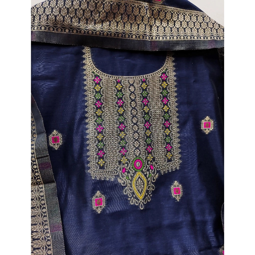 HD Women's Banarasi Silk Printed Unstitched Salwar Suit Material With Dupatta (Navy Blue, 3Mtrs)