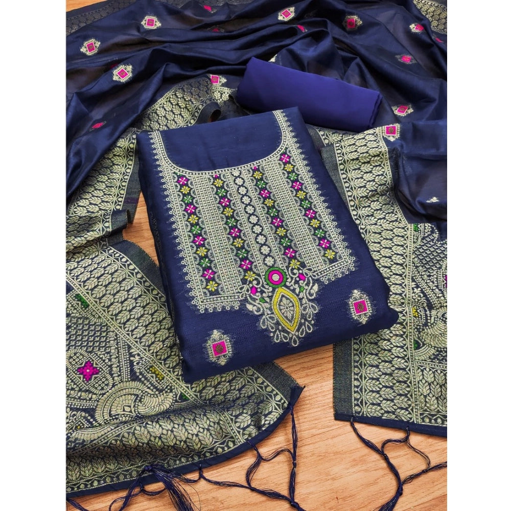 HD Women's Banarasi Silk Printed Unstitched Salwar Suit Material With Dupatta (Navy Blue, 3Mtrs)