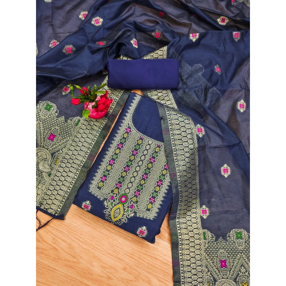 HD Women's Banarasi Silk Printed Unstitched Salwar Suit Material With Dupatta (Navy Blue, 3Mtrs)