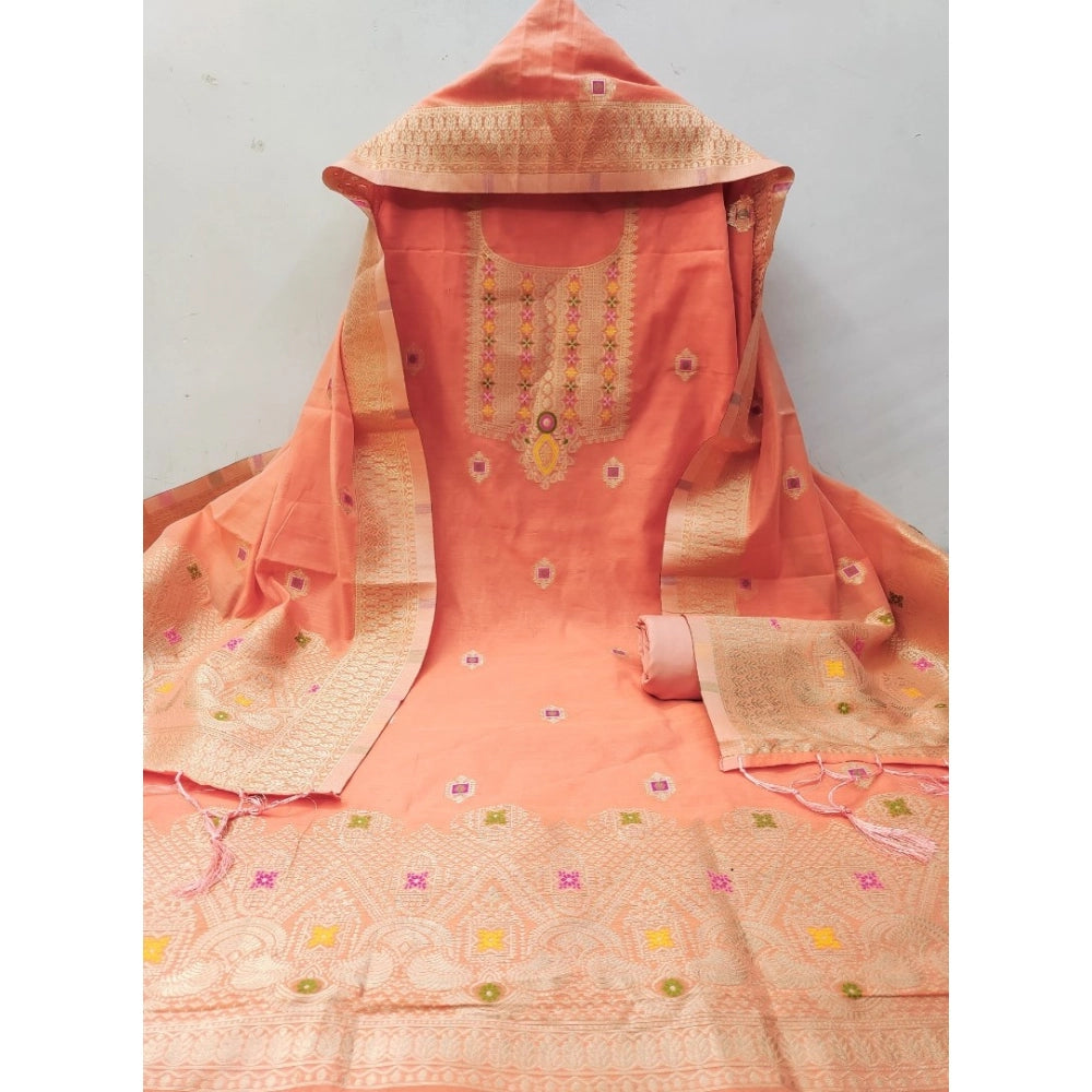 HD Women's Banarasi Silk Printed Unstitched Salwar Suit Material With Dupatta (Peach, 3Mtrs)