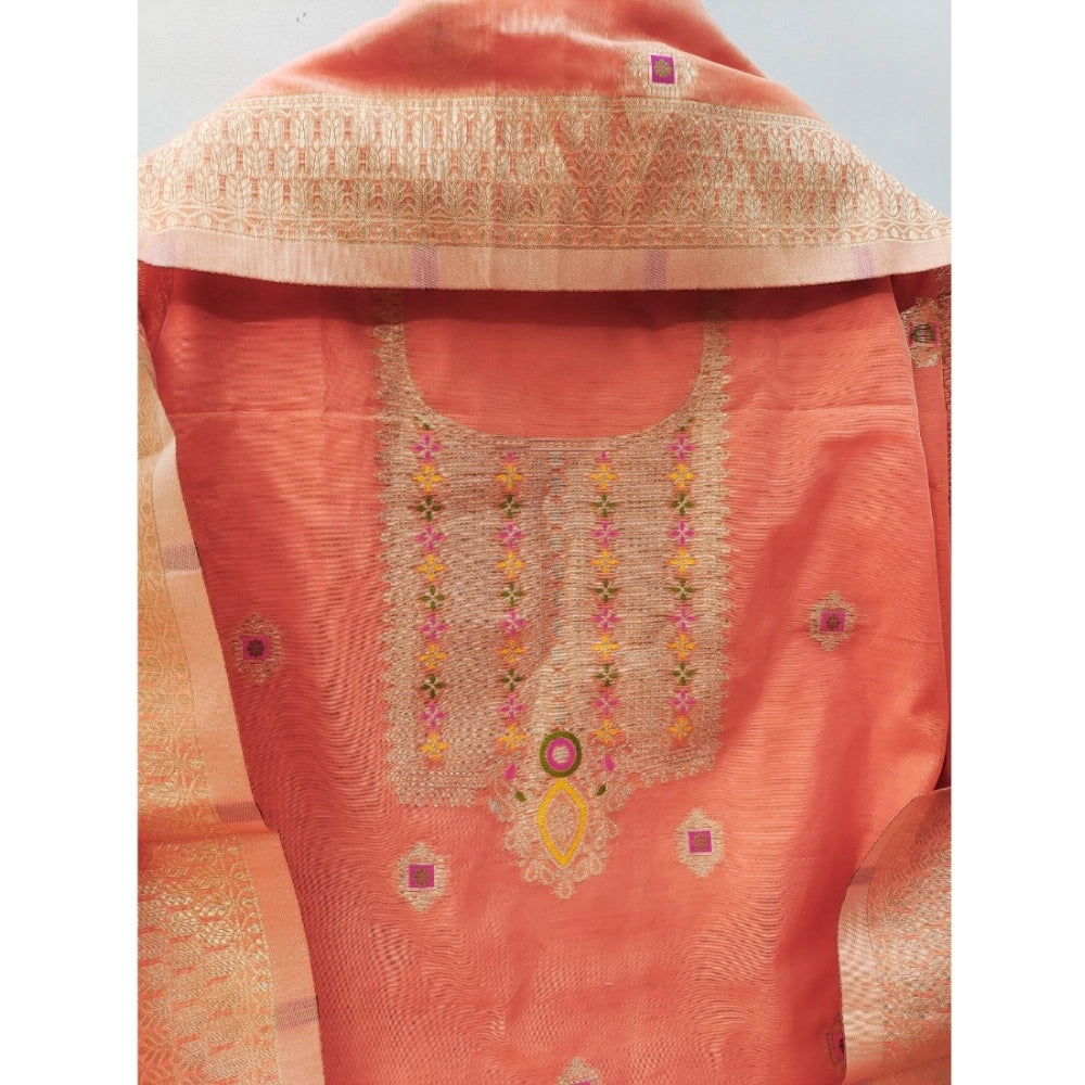 HD Women's Banarasi Silk Printed Unstitched Salwar Suit Material With Dupatta (Peach, 3Mtrs)
