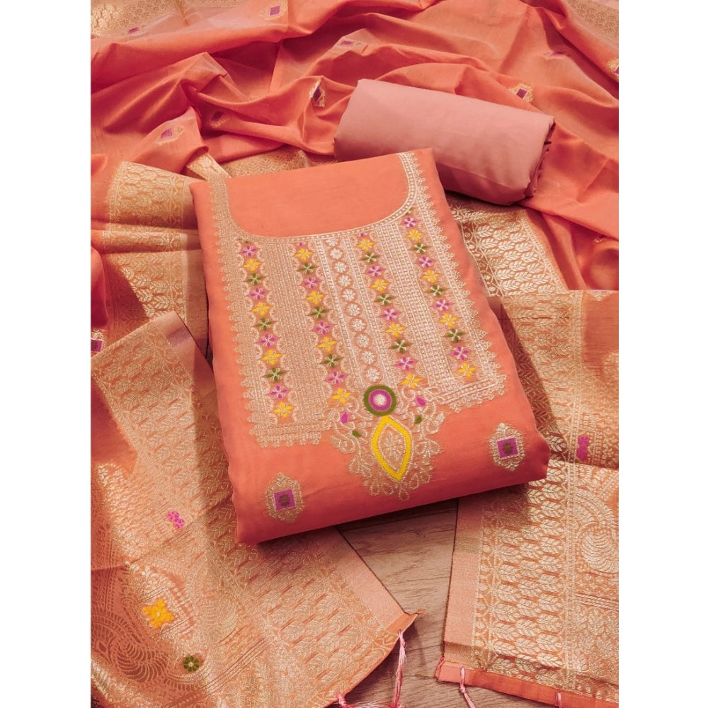 HD Women's Banarasi Silk Printed Unstitched Salwar Suit Material With Dupatta (Peach, 3Mtrs)