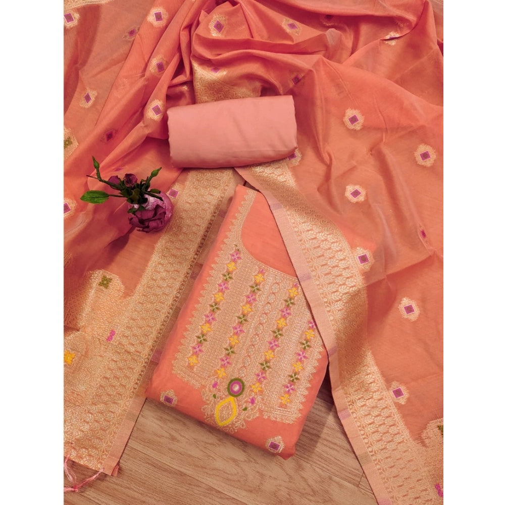 HD Women's Banarasi Silk Printed Unstitched Salwar Suit Material With Dupatta (Peach, 3Mtrs)