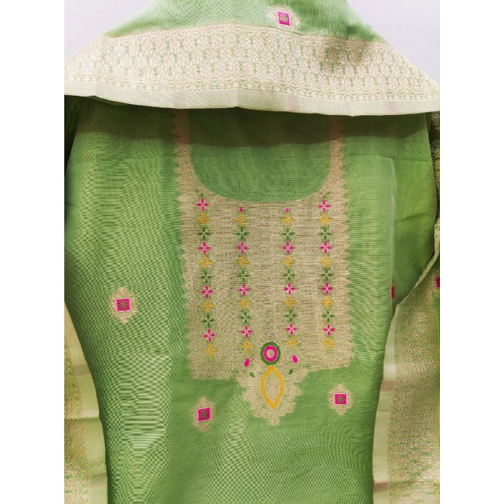 HD Women's Banarasi Silk Printed Unstitched Salwar Suit Material With Dupatta (Pista, 3Mtrs)