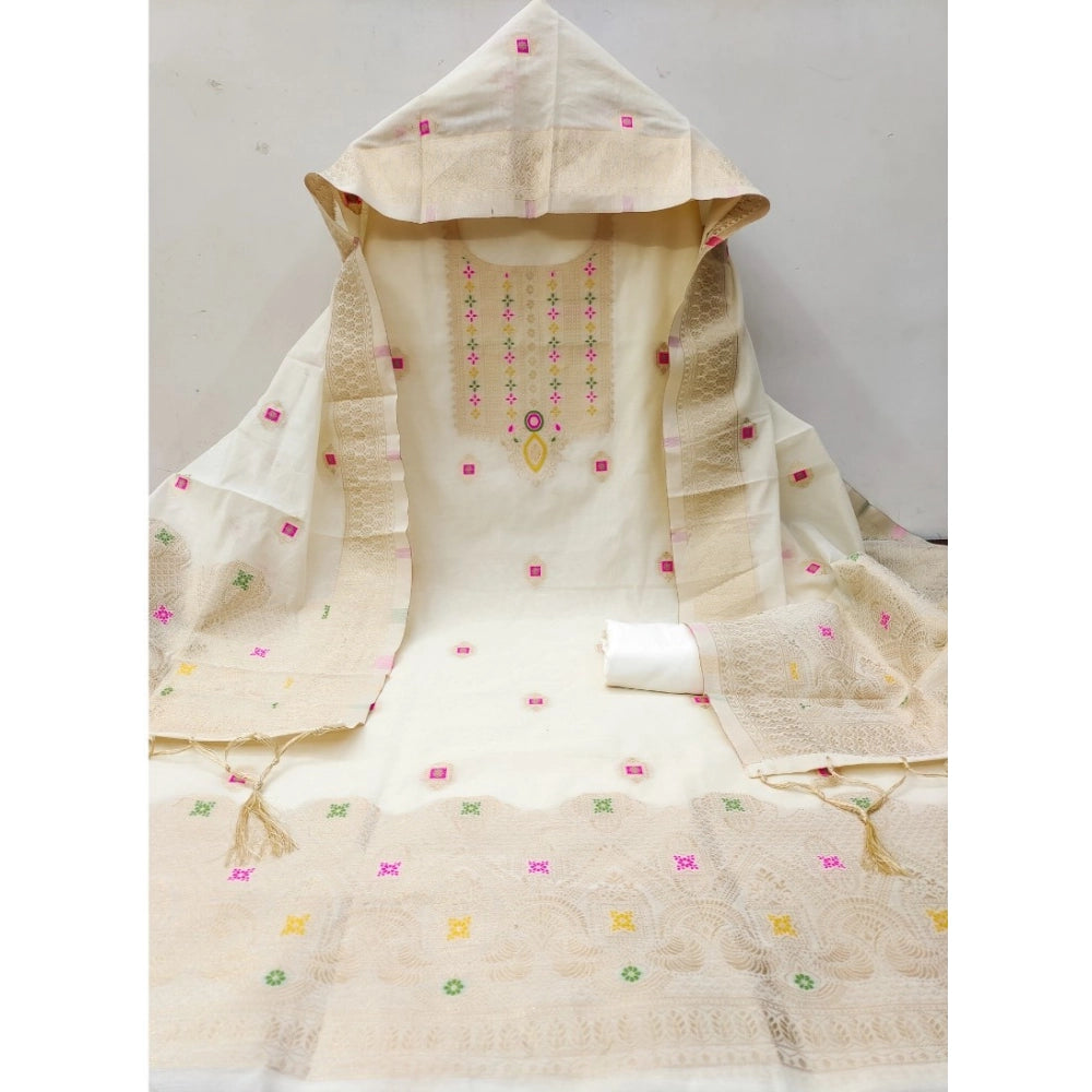 HD Women's Banarasi Silk Printed Unstitched Salwar Suit Material With Dupatta (White, 3Mtrs)