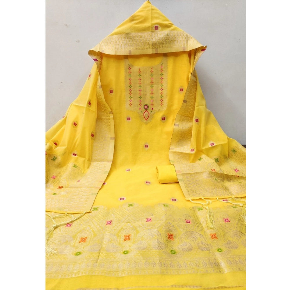 HD Women's Banarasi Silk Printed Unstitched Salwar Suit Material With Dupatta (Yellow, 3Mtrs)