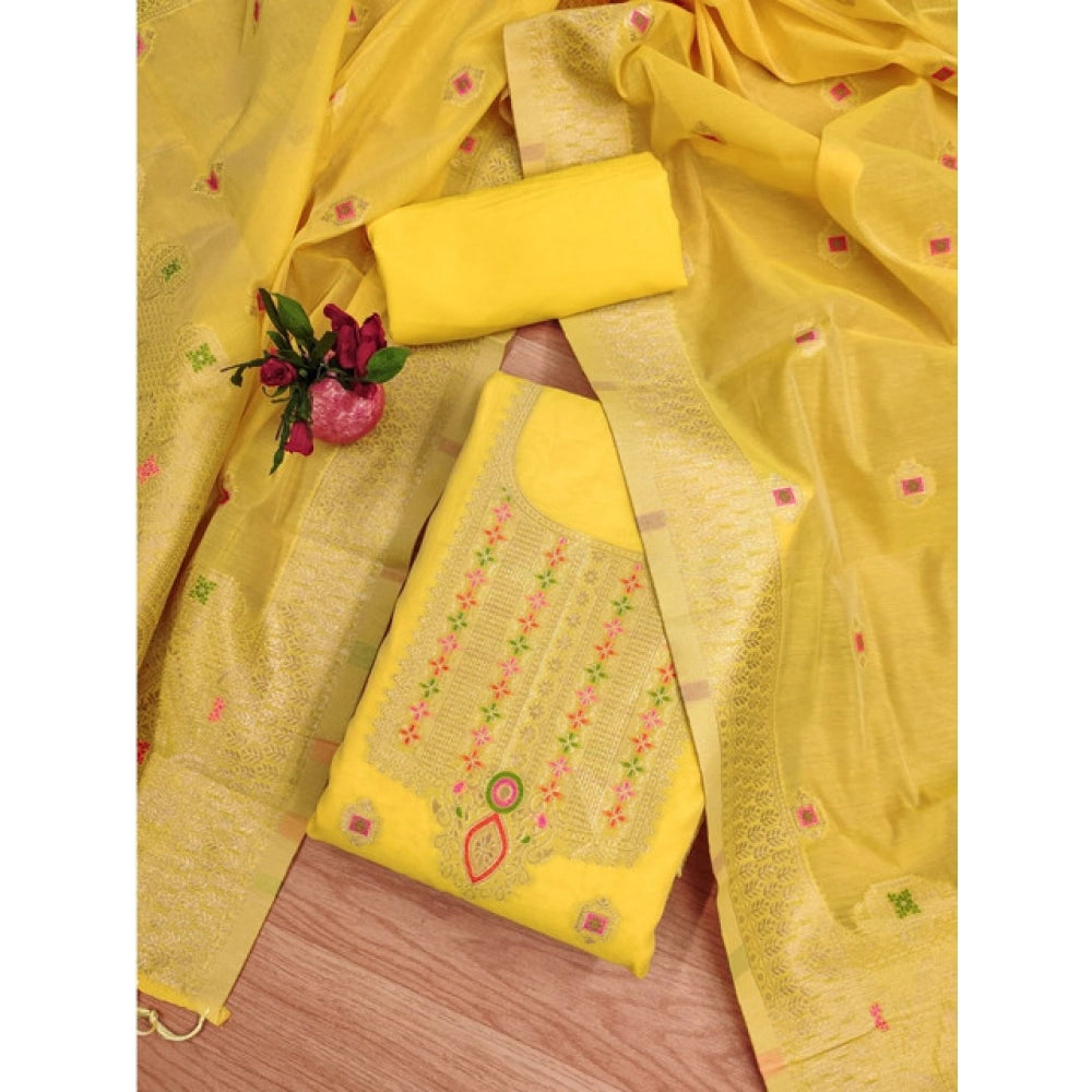 HD Women's Banarasi Silk Printed Unstitched Salwar Suit Material With Dupatta (Yellow, 3Mtrs)