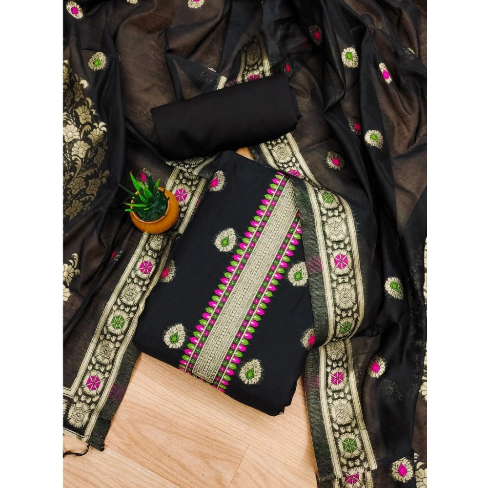 HD Women's Banarasi Silk Printed Unstitched Salwar Suit Material With Dupatta (Black, 3Mtrs)