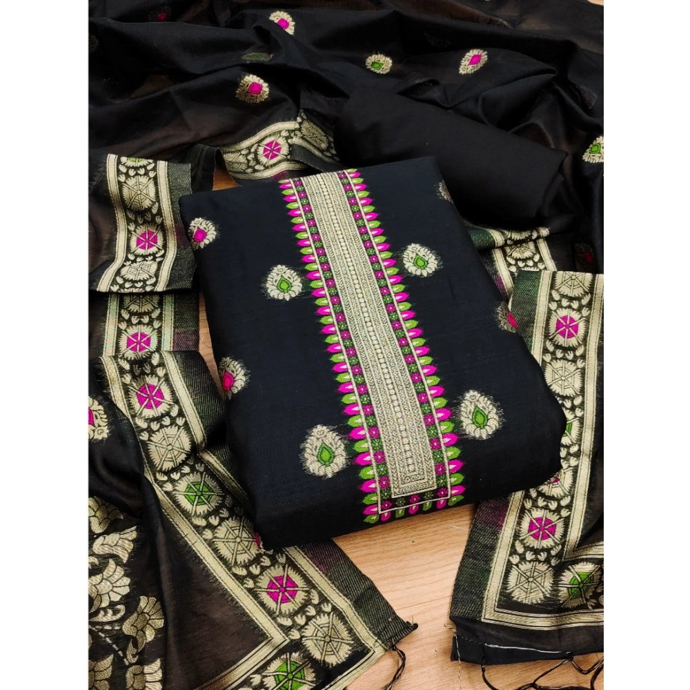 HD Women's Banarasi Silk Printed Unstitched Salwar Suit Material With Dupatta (Black, 3Mtrs)
