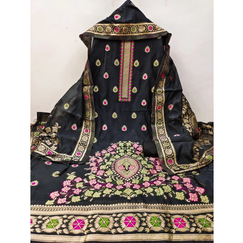 HD Women's Banarasi Silk Printed Unstitched Salwar Suit Material With Dupatta (Black, 3Mtrs)