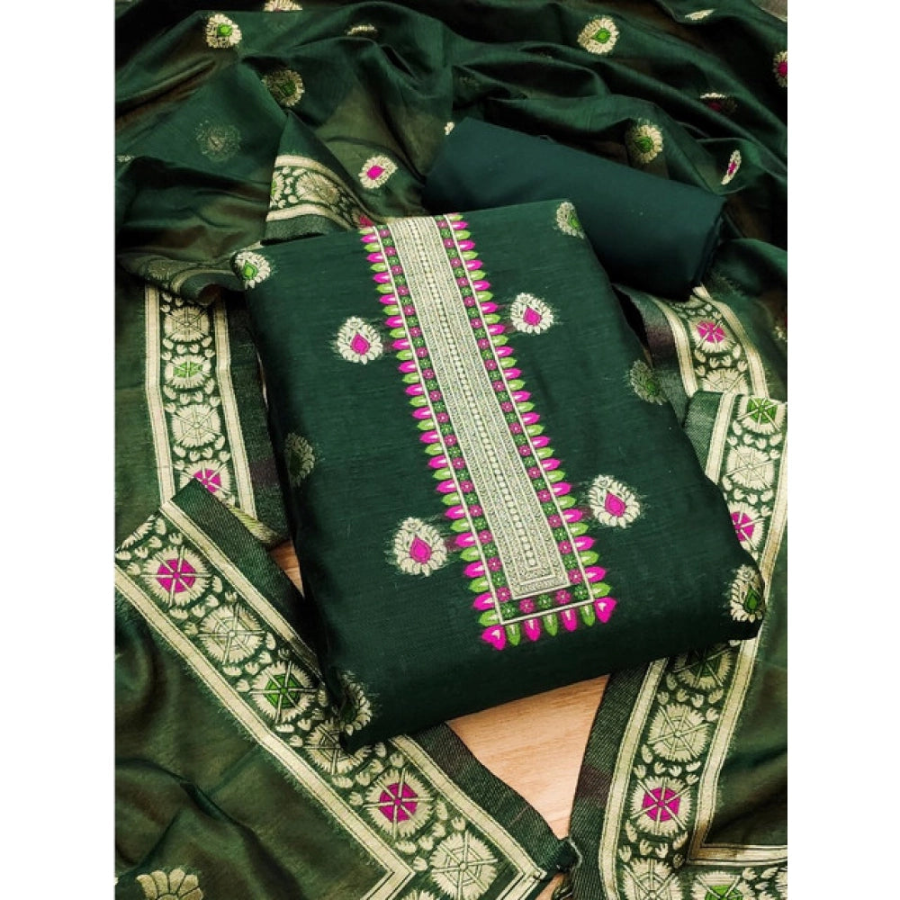 HD Women's Banarasi Silk Printed Unstitched Salwar Suit Material With Dupatta (Bottle Green, 3Mtrs)