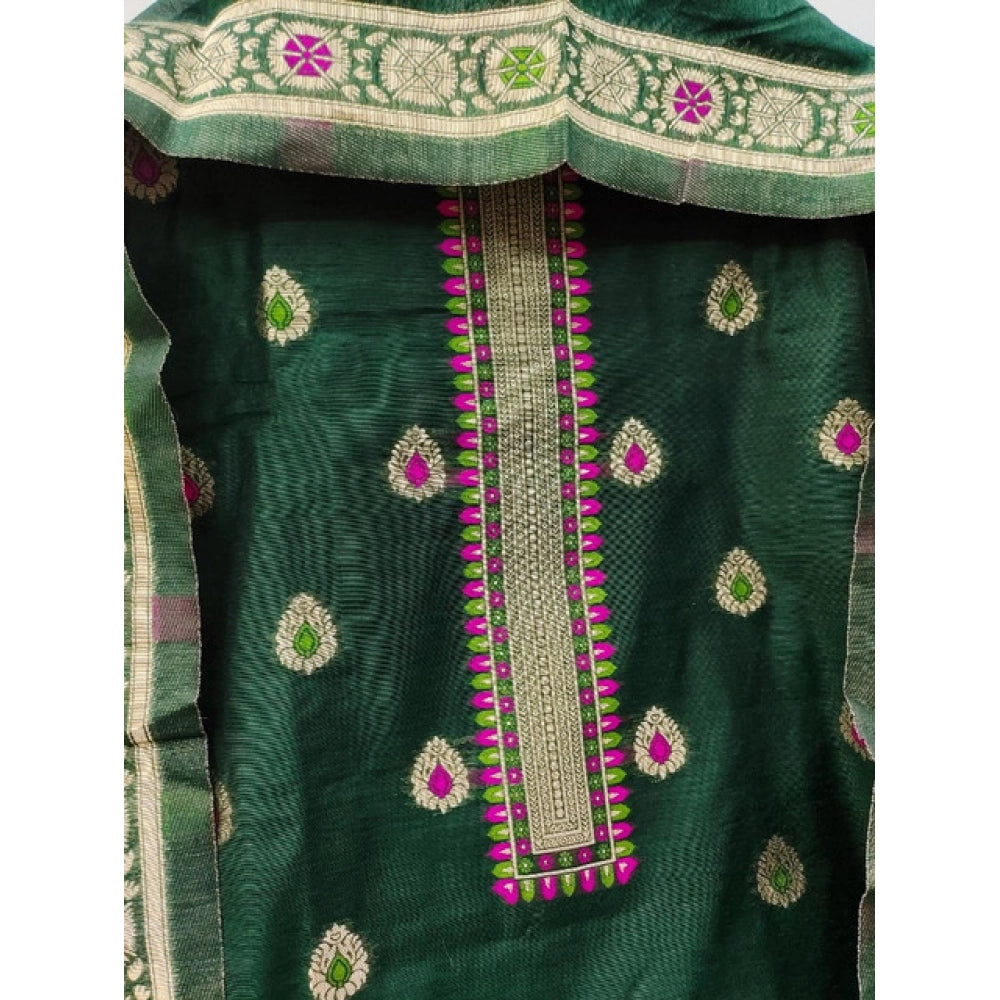 HD Women's Banarasi Silk Printed Unstitched Salwar Suit Material With Dupatta (Bottle Green, 3Mtrs)