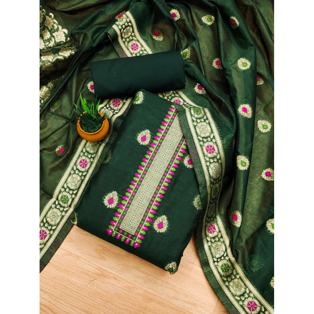HD Women's Banarasi Silk Printed Unstitched Salwar Suit Material With Dupatta (Bottle Green, 3Mtrs)