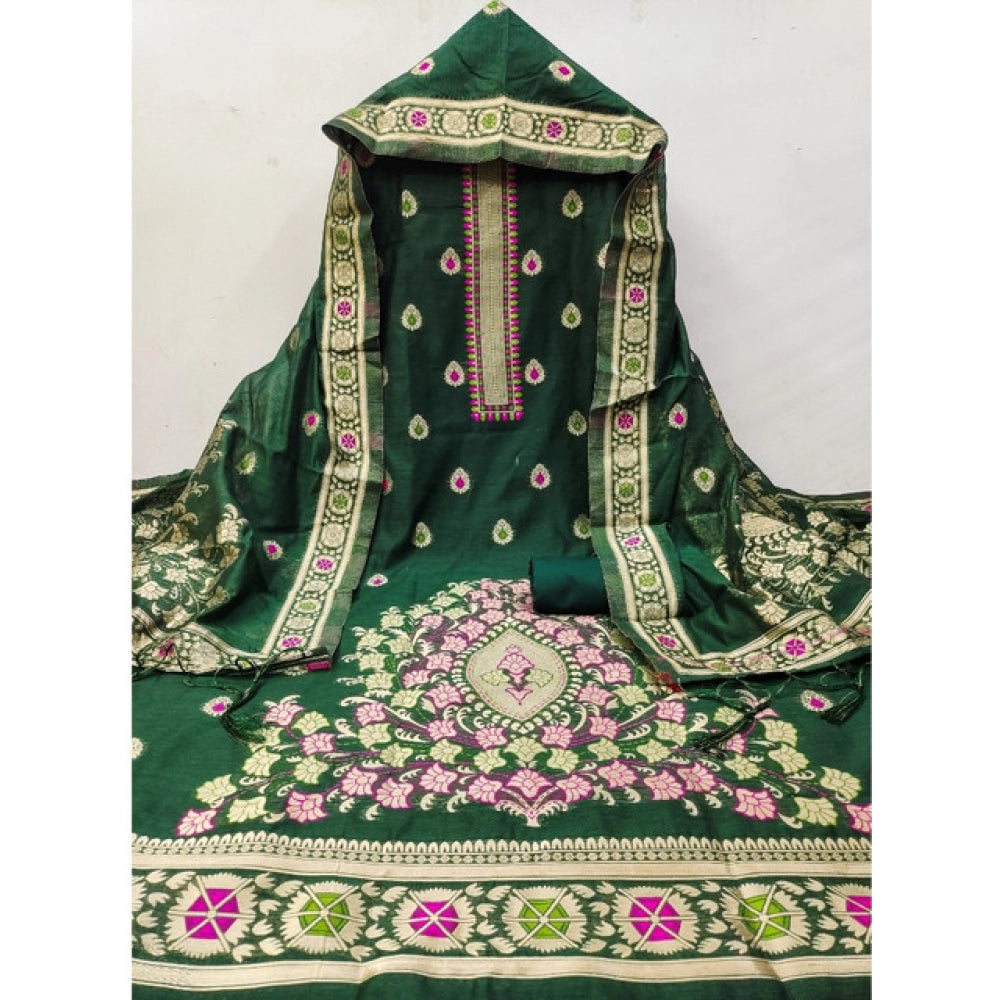 HD Women's Banarasi Silk Printed Unstitched Salwar Suit Material With Dupatta (Bottle Green, 3Mtrs)