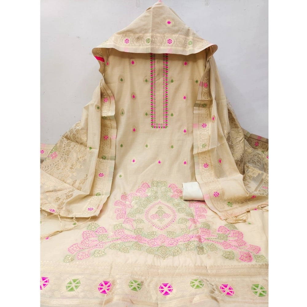 HD Women's Banarasi Silk Printed Unstitched Salwar Suit Material With Dupatta (Cream, 3Mtrs)