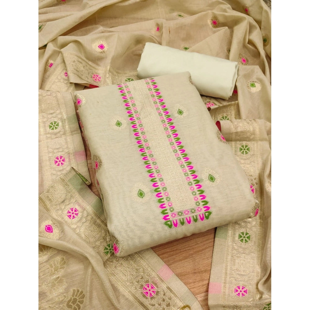 HD Women's Banarasi Silk Printed Unstitched Salwar Suit Material With Dupatta (Cream, 3Mtrs)