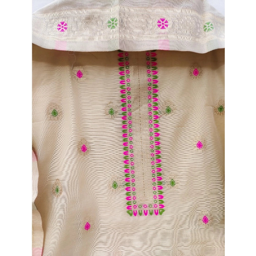 HD Women's Banarasi Silk Printed Unstitched Salwar Suit Material With Dupatta (Cream, 3Mtrs)