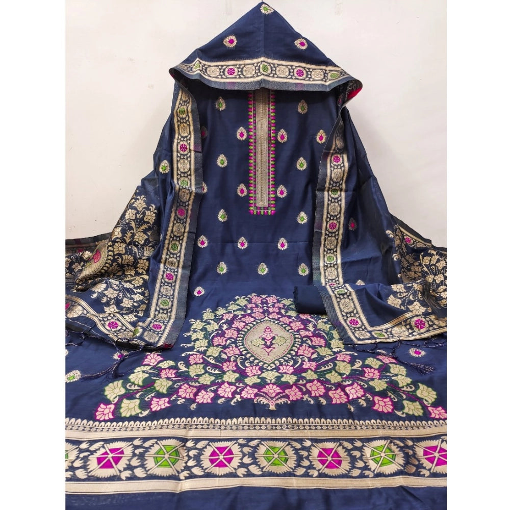 HD Women's Banarasi Silk Printed Unstitched Salwar Suit Material With Dupatta (Navy Blue, 3Mtrs)