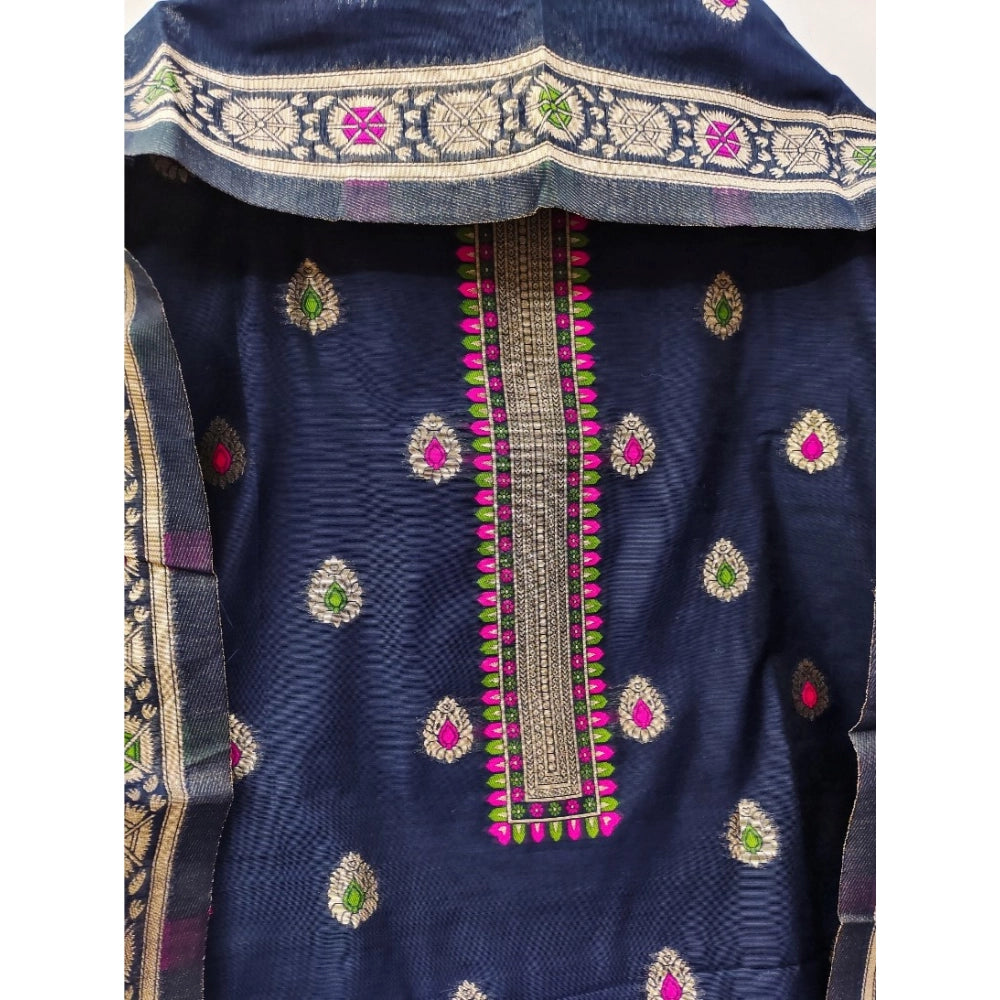 HD Women's Banarasi Silk Printed Unstitched Salwar Suit Material With Dupatta (Navy Blue, 3Mtrs)