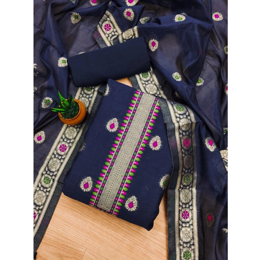 HD Women's Banarasi Silk Printed Unstitched Salwar Suit Material With Dupatta (Navy Blue, 3Mtrs)