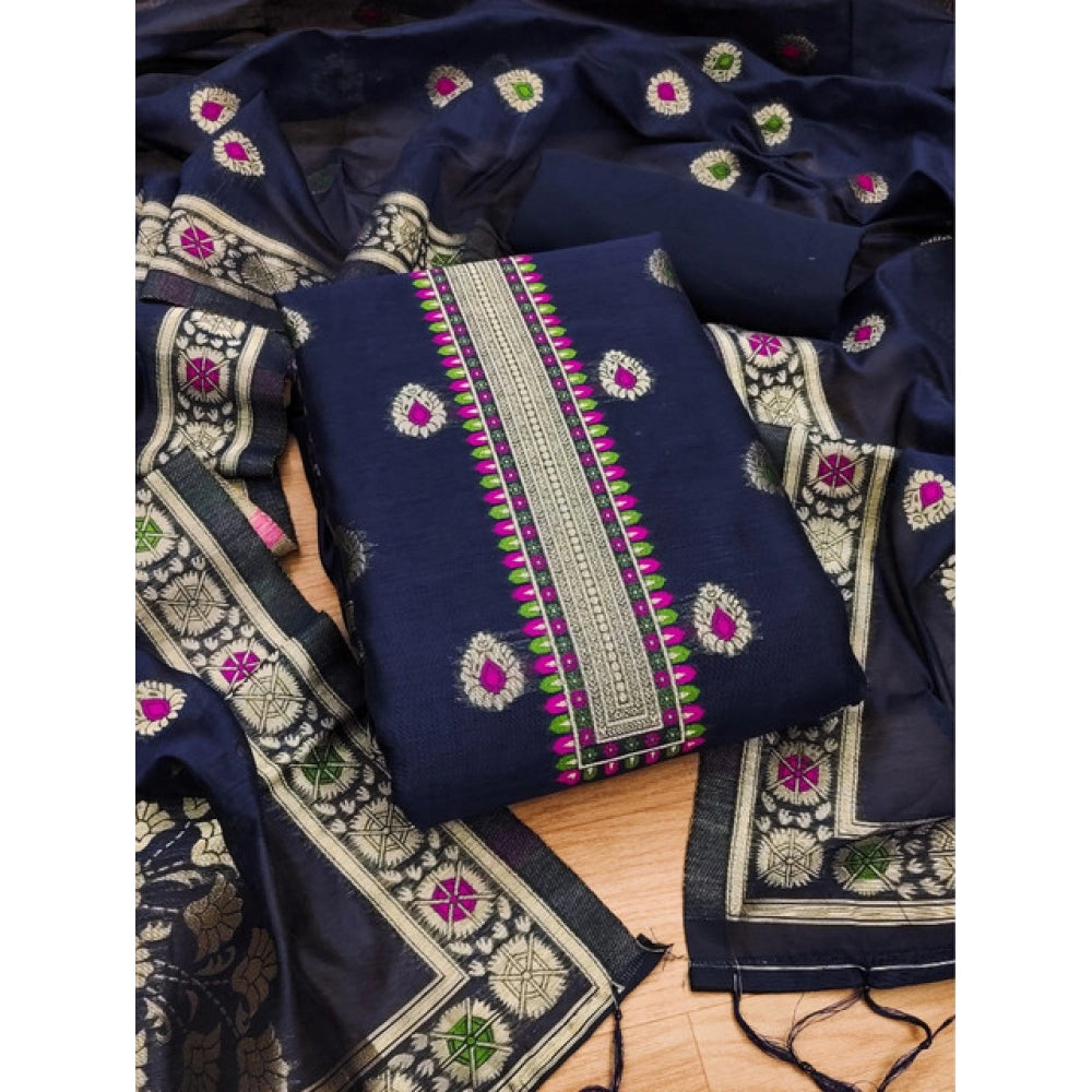 HD Women's Banarasi Silk Printed Unstitched Salwar Suit Material With Dupatta (Navy Blue, 3Mtrs)