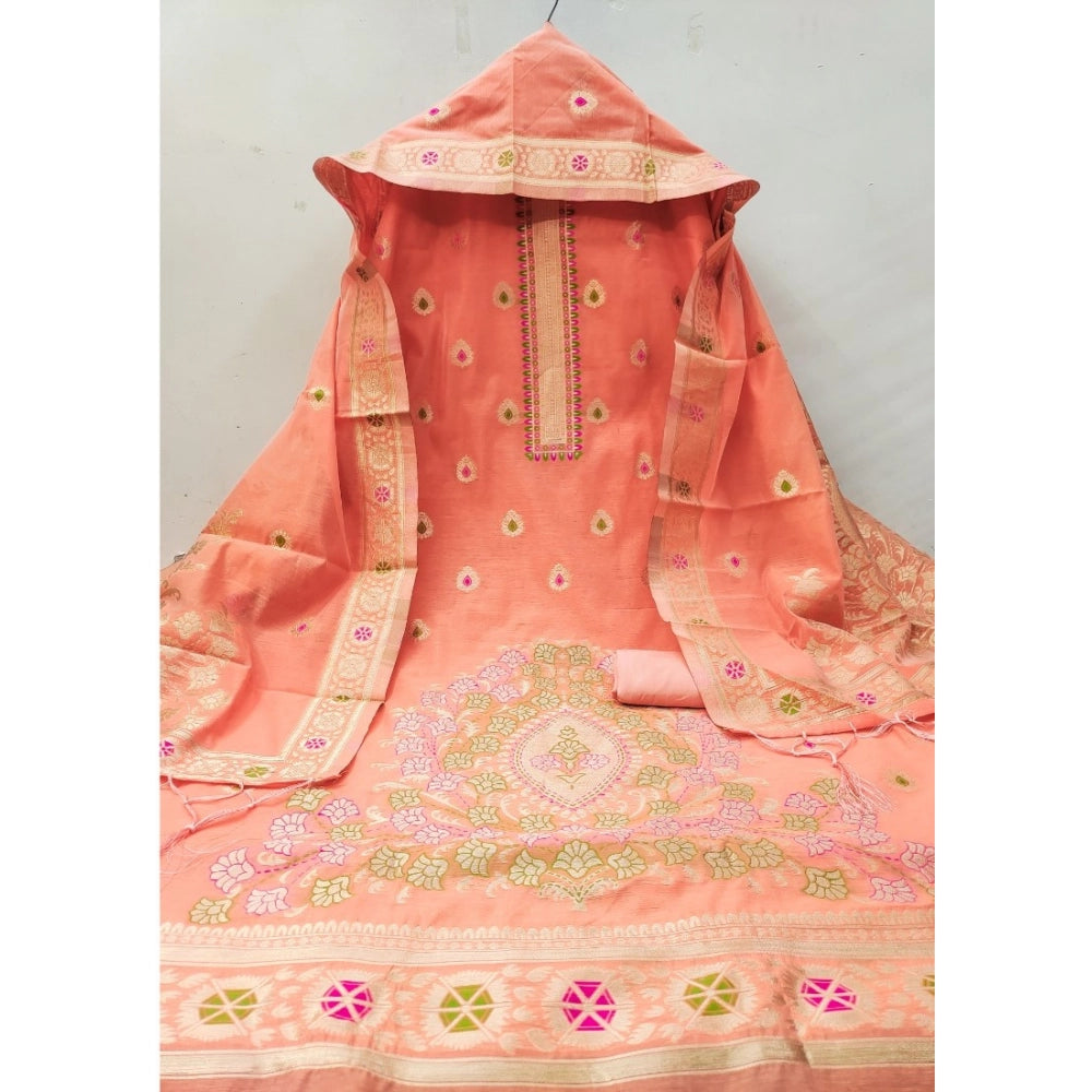 HD Women's Banarasi Silk Printed Unstitched Salwar Suit Material With Dupatta (Peach, 3Mtrs)