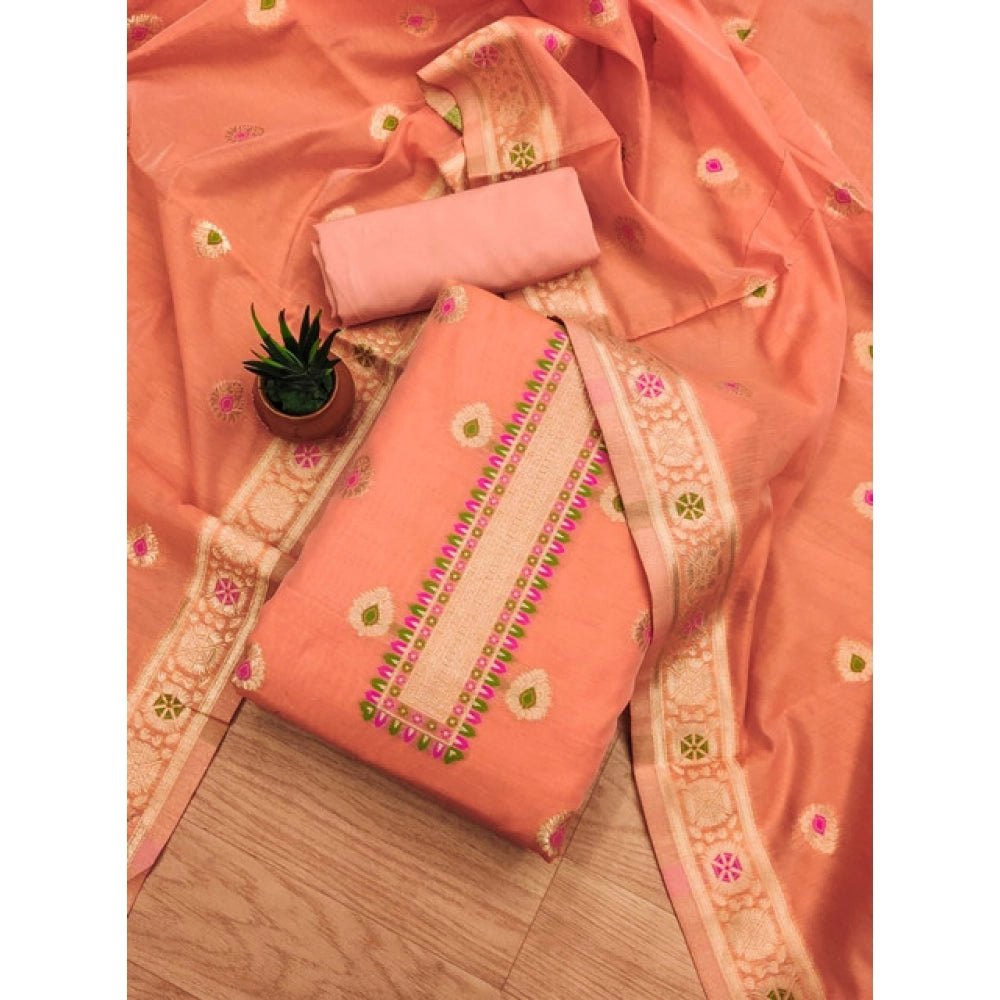 HD Women's Banarasi Silk Printed Unstitched Salwar Suit Material With Dupatta (Peach, 3Mtrs)
