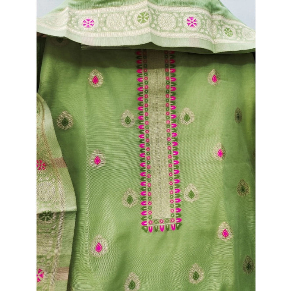 HD Women's Banarasi Silk Printed Unstitched Salwar Suit Material With Dupatta (Pista, 3Mtrs)