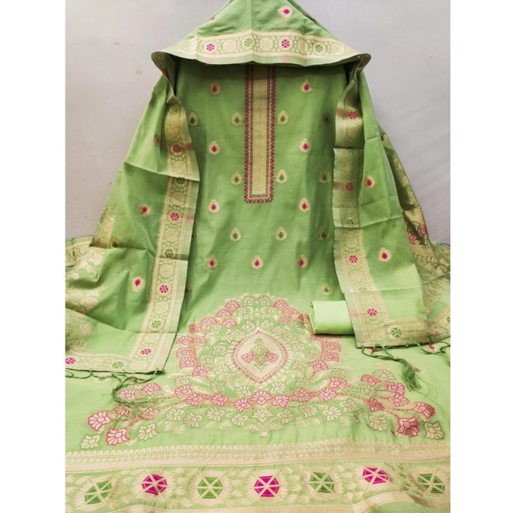 HD Women's Banarasi Silk Printed Unstitched Salwar Suit Material With Dupatta (Pista, 3Mtrs)