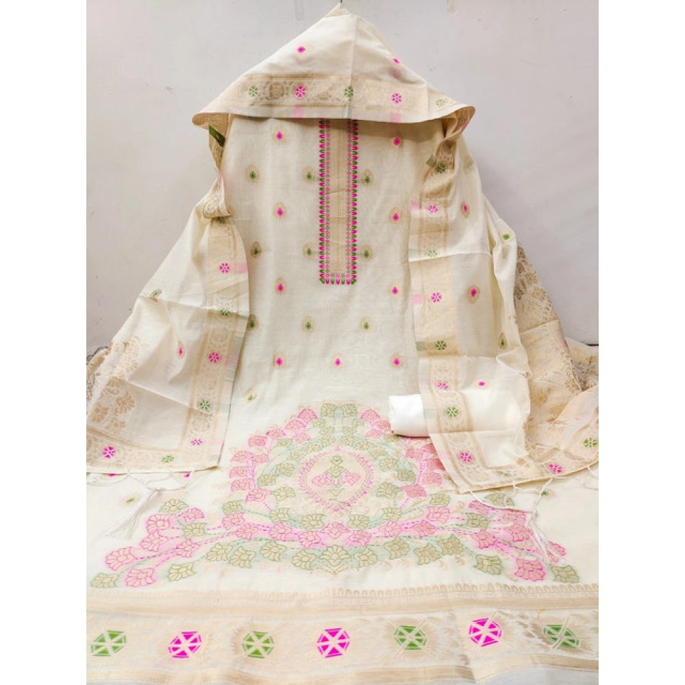 HD Women's Banarasi Silk Printed Unstitched Salwar Suit Material With Dupatta (White, 3Mtrs)
