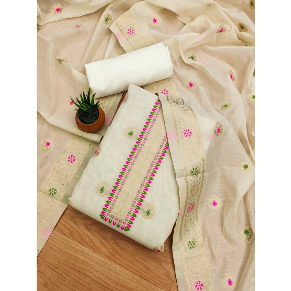 HD Women's Banarasi Silk Printed Unstitched Salwar Suit Material With Dupatta (White, 3Mtrs)