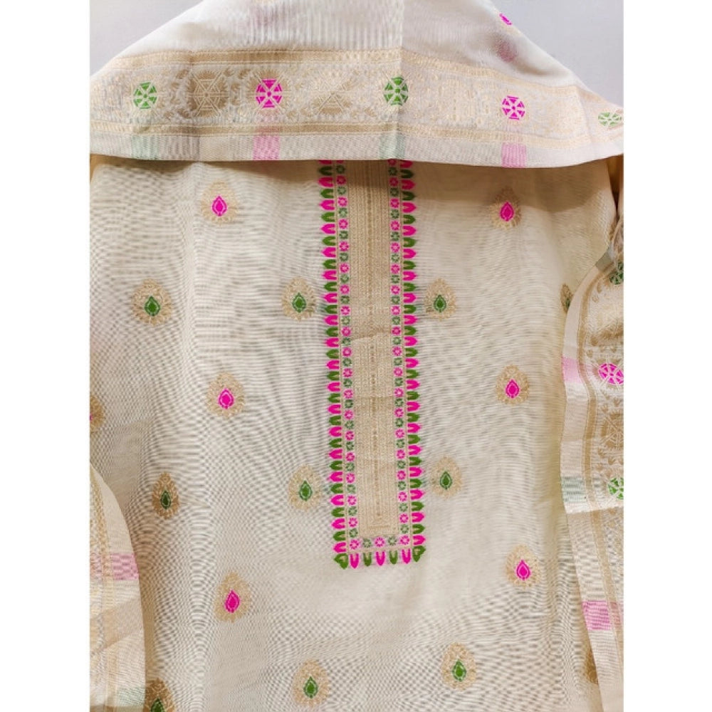 HD Women's Banarasi Silk Printed Unstitched Salwar Suit Material With Dupatta (White, 3Mtrs)