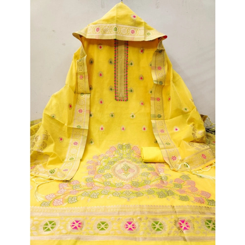 HD Women's Banarasi Silk Printed Unstitched Salwar Suit Material With Dupatta (Yellow, 3Mtrs)