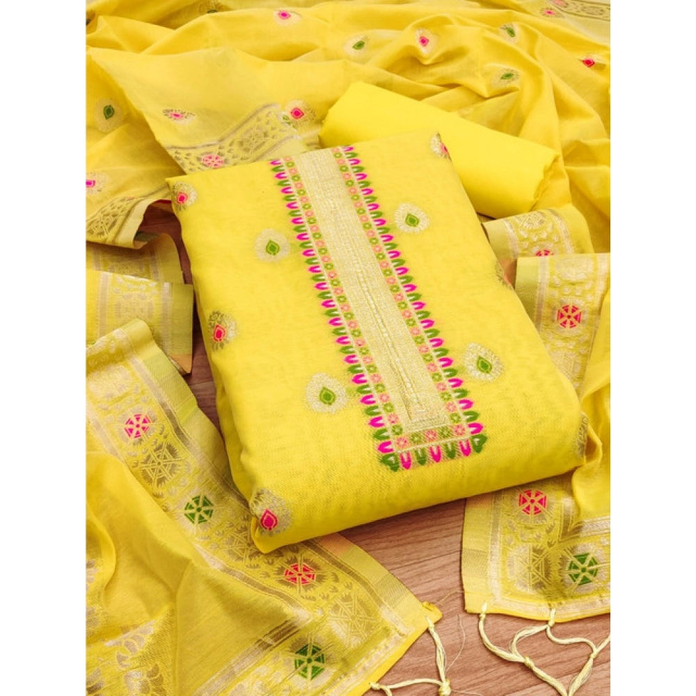 HD Women's Banarasi Silk Printed Unstitched Salwar Suit Material With Dupatta (Yellow, 3Mtrs)