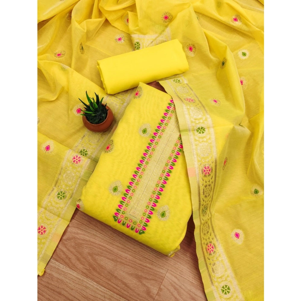 HD Women's Banarasi Silk Printed Unstitched Salwar Suit Material With Dupatta (Yellow, 3Mtrs)