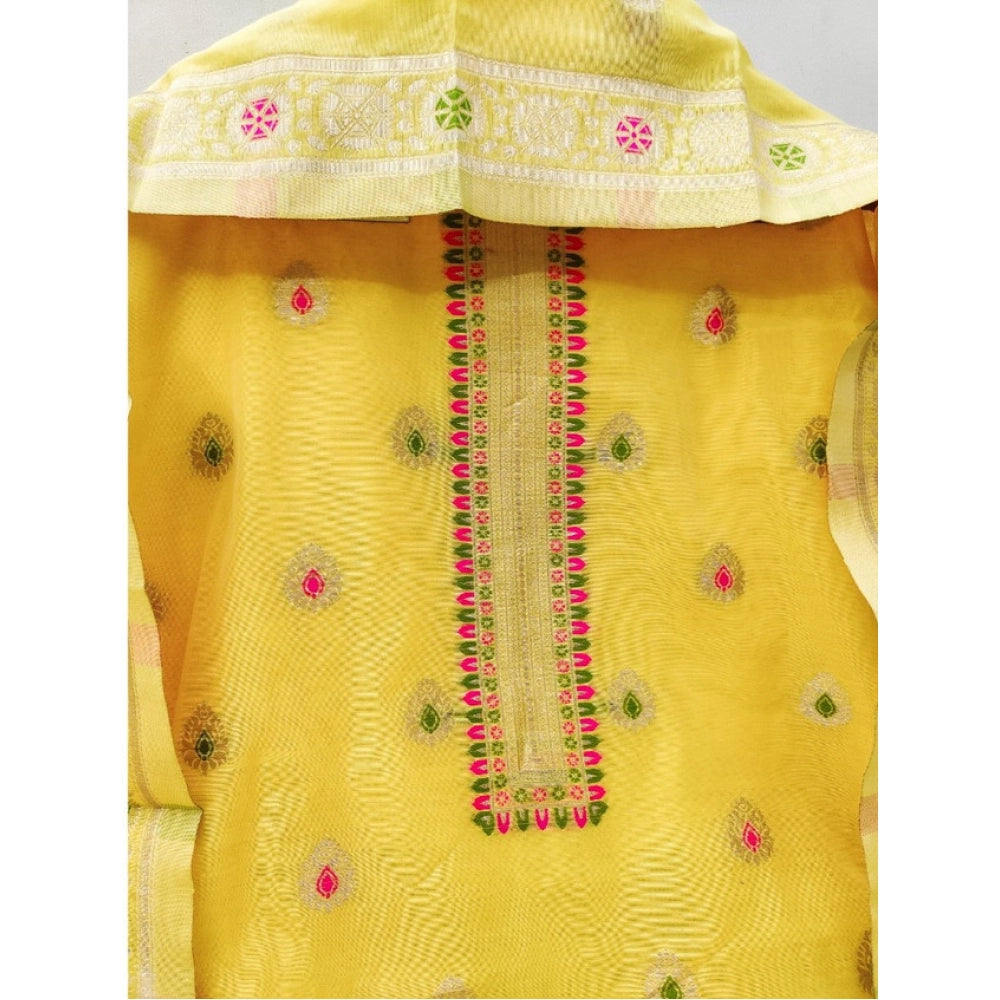 HD Women's Banarasi Silk Printed Unstitched Salwar Suit Material With Dupatta (Yellow, 3Mtrs)