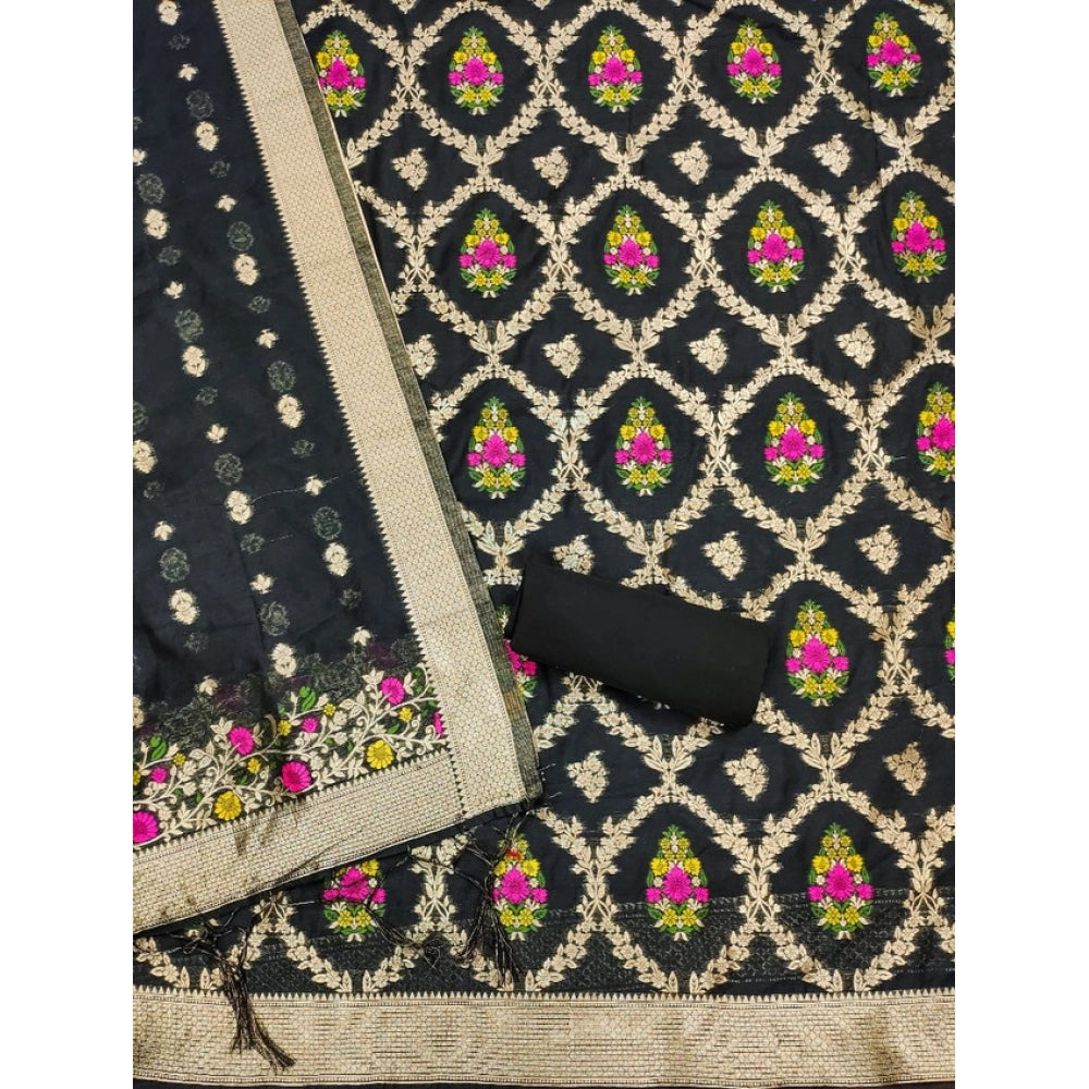 HD Women's Banarasi Silk Printed Unstitched Salwar Suit Material With Dupatta (Black, 3Mtrs)