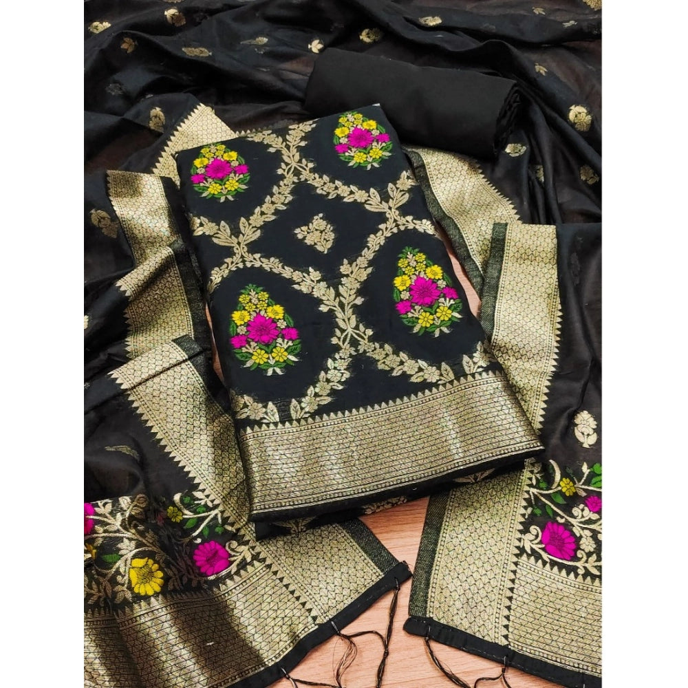 HD Women's Banarasi Silk Printed Unstitched Salwar Suit Material With Dupatta (Black, 3Mtrs)