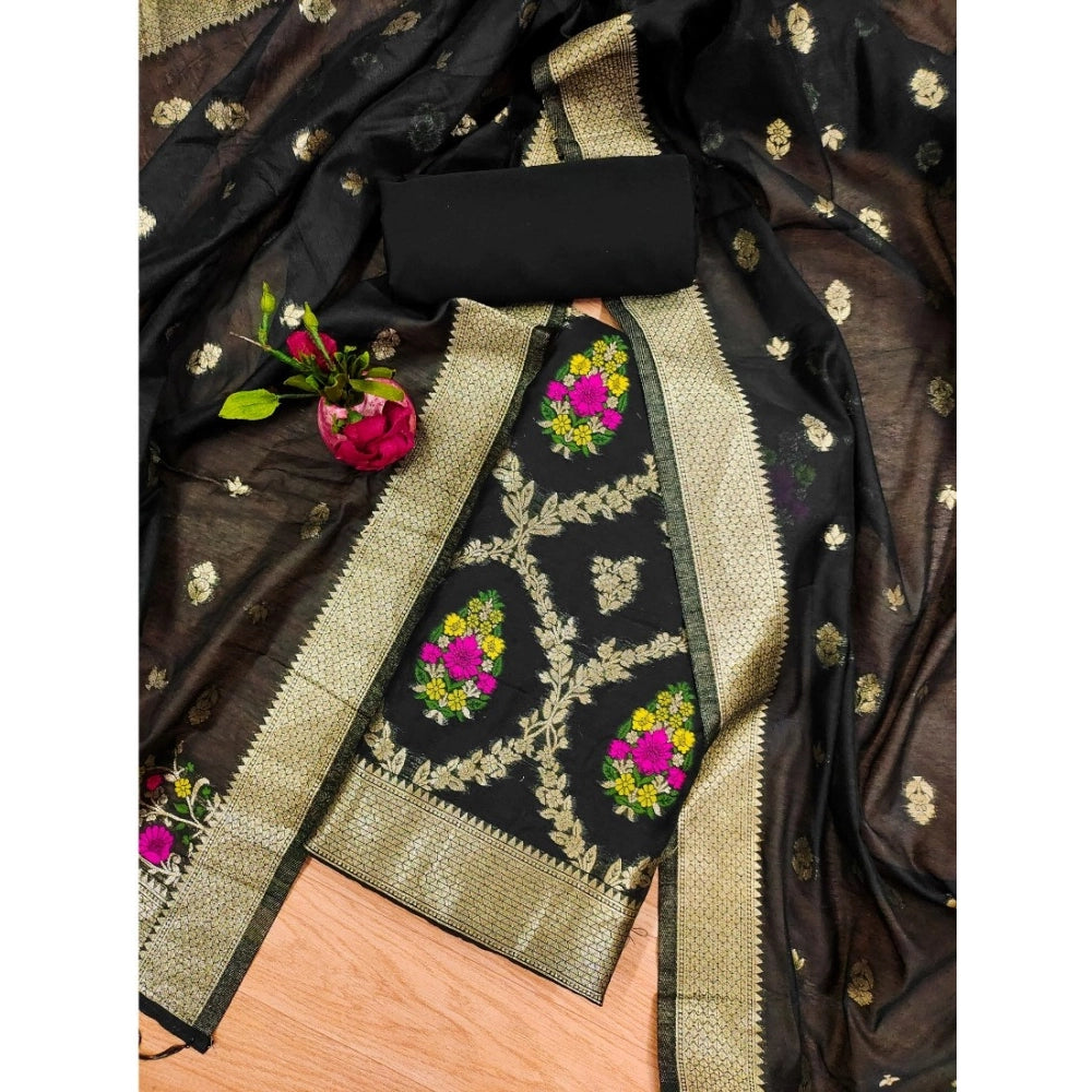 HD Women's Banarasi Silk Printed Unstitched Salwar Suit Material With Dupatta (Black, 3Mtrs)