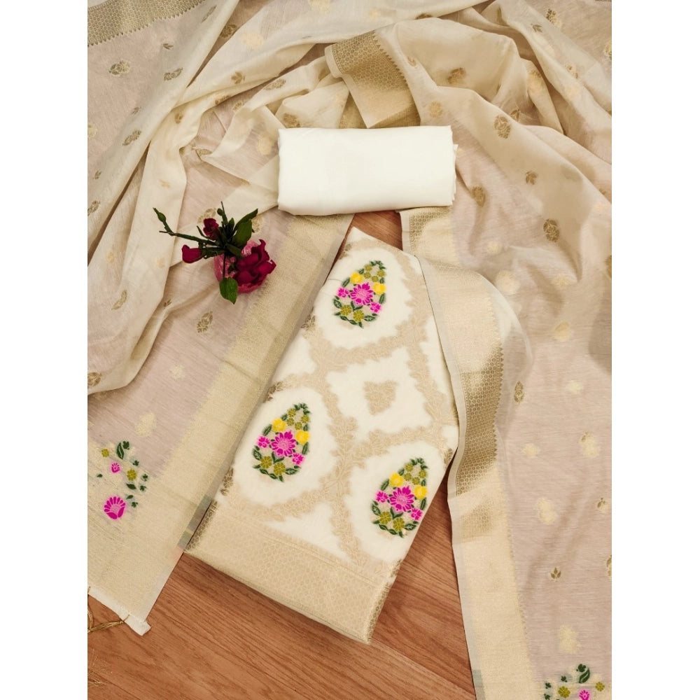 HD Women's Banarasi Silk Printed Unstitched Salwar Suit Material With Dupatta (White, 3Mtrs)