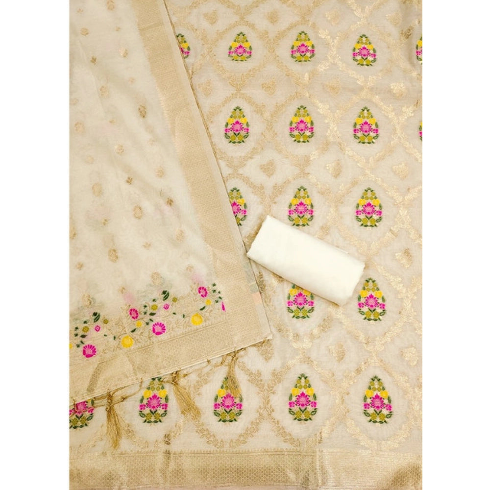 HD Women's Banarasi Silk Printed Unstitched Salwar Suit Material With Dupatta (White, 3Mtrs)