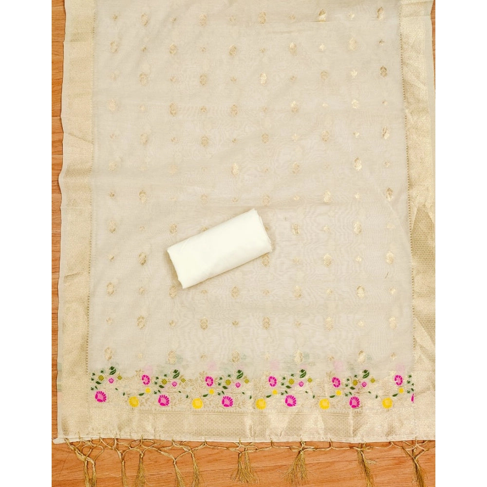 HD Women's Banarasi Silk Printed Unstitched Salwar Suit Material With Dupatta (White, 3Mtrs)