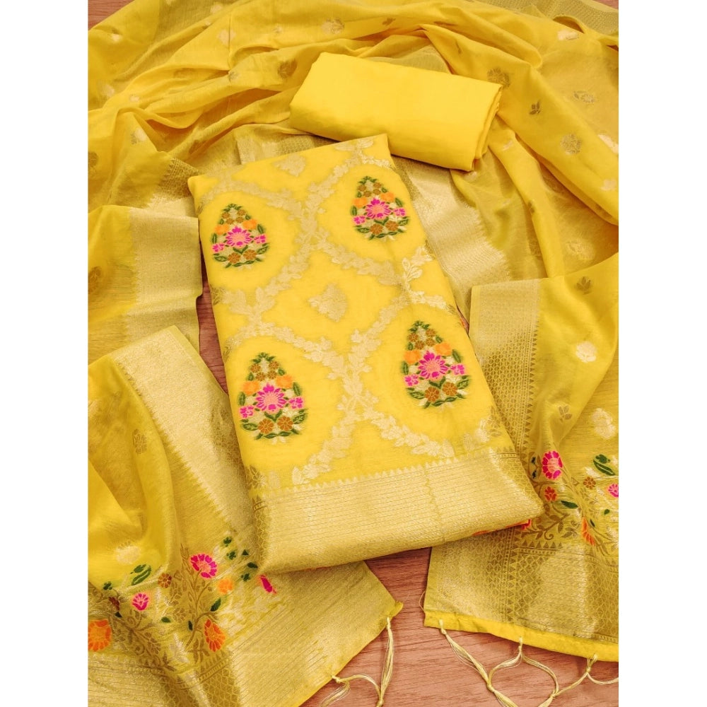 HD Women's Banarasi Silk Printed Unstitched Salwar Suit Material With Dupatta (Yellow, 3Mtrs)