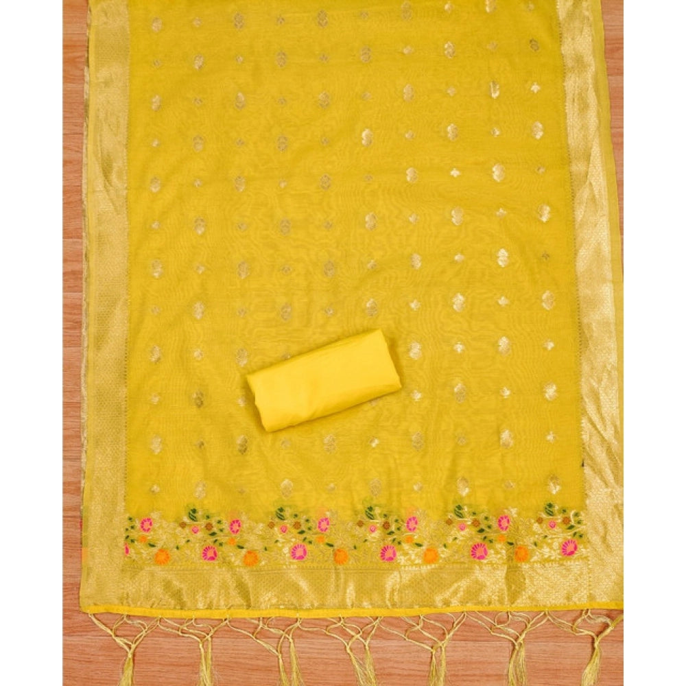 HD Women's Banarasi Silk Printed Unstitched Salwar Suit Material With Dupatta (Yellow, 3Mtrs)