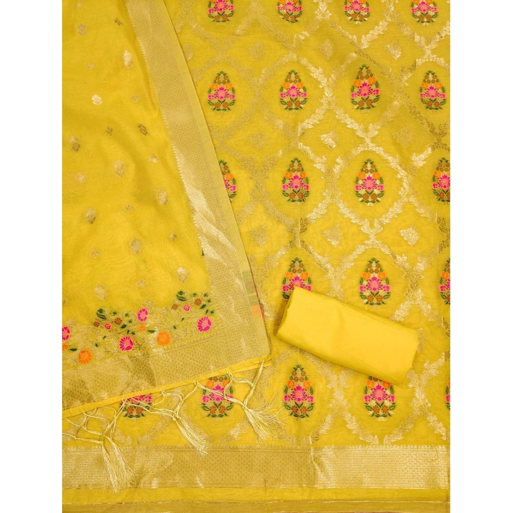 HD Women's Banarasi Silk Printed Unstitched Salwar Suit Material With Dupatta (Yellow, 3Mtrs)